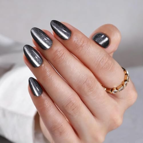 Grey Crystal Black Cat Eye Press On Nails - Medium Almond, 32 Count