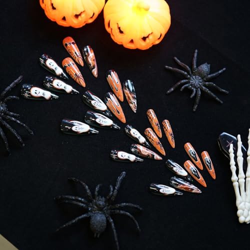 Halloween Press On Nails Long Ghost Bat Spider Pattern - Variation 14