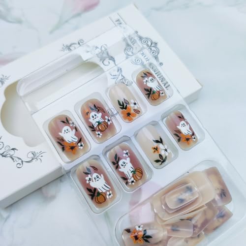 Halloween Ghost Press On Nails Medium Square Set - Cute Ghost Flower Pumpkin Design, Reusable 24Pcs for Women & Men