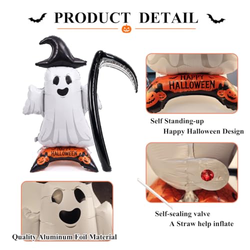 Halloween Ghost Foil Balloon - 43.3 Inches Self-Standing Ghost with Base & Scythe