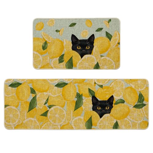 Black Cat Kitchen Mats Set of 2 - Non-Slip Low-Profile Floor Rugs for Home & Kitchen
