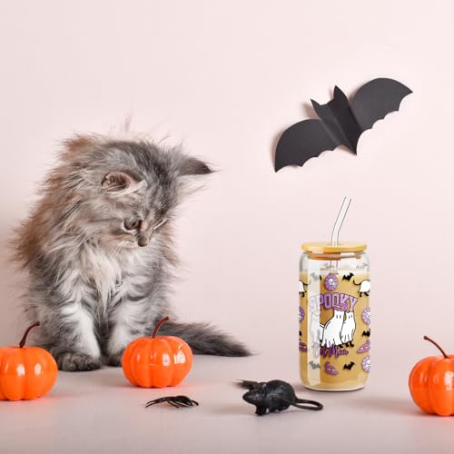Halloween Ghost & Cat Glass Cup with Lid Straw & Brush 16 oz - Cute Spooky Drinkware
