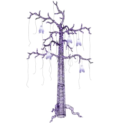 Lighted Halloween Tree with Ghosts and LED Lights, 8ft Spooky Garden Decor