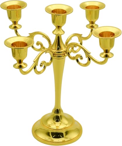 Black 5-Candle Metal Candelabra for Pillar & Taper Candles 10.6 Inch Tall Home Decor - Glod