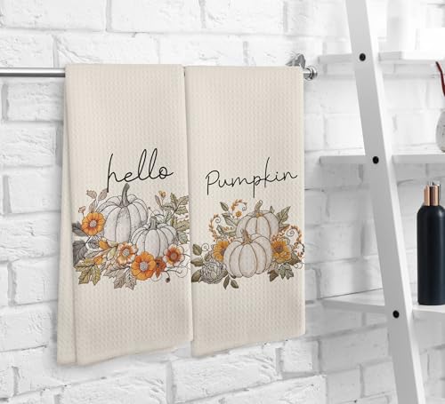 White Hello Pumpkin Fall Kitchen Towels and Dishcloths Set of 2 - Farmhouse Decor Gift