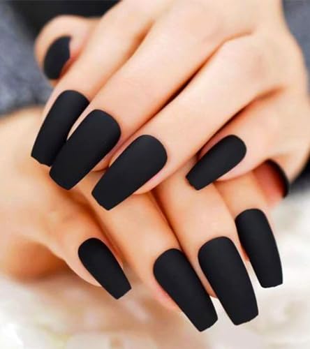 Coffin Black Velvet Matte Fake Nails - Long Press On Nails, 12 Sizes, Variation 07