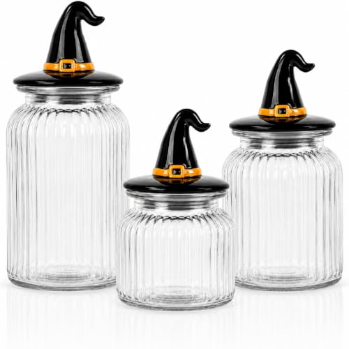 Halloween Glass Jar Set with Witch Hat Lids - Black & Orange Candy & Cookie Storage