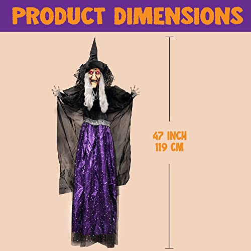 47-Inch Animated Witch Halloween Decor - Light-Up, Sound Activated, Outdoor Haunted House Yard Ghost