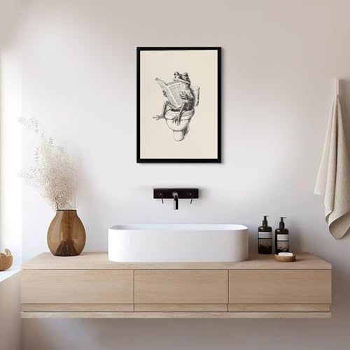 Bathroom Frog Canvas Wall Art - 12x16 Inch Funny Toilet Reading Frog Decor - Black Frame