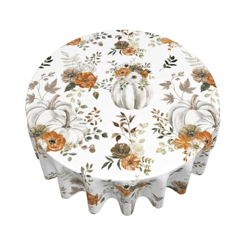 Round Fall Tablecloth 60-Inch Grey Pumpkins & Leaves - Watercolor Autumn Cover