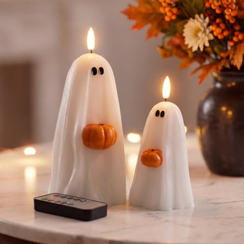 Halloween Ghost Candle Holders with Pumpkin - Flameless LED Decor, Safe & Realistic Flicker