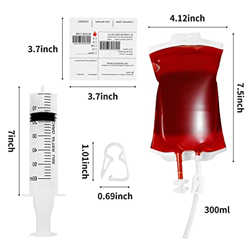 Halloween Blood IV Bag Drink Set with 50 Bags, 50 Labels, 50 Clips, 3 Syringes - Reusable Zombie Party Decorations