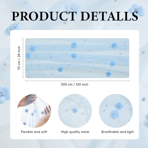 28x120 Inch Blue Flower Pearl Gauze Table Runner Set - 6 Pack for Holiday & Wedding Decor