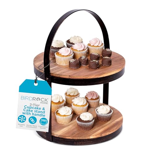 Rustic 2-Tier Cake Stand with Handle - Farmhouse Wood & Iron Dessert Display