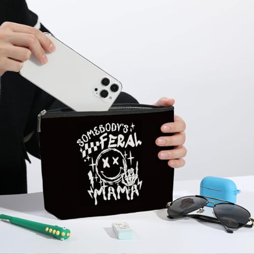 Skeleton Skull Makeup Bag with Heart Zipper - Black, Waterproof Cotton Linen
