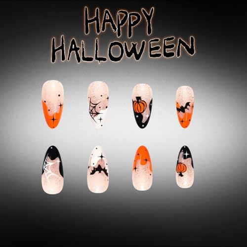 Halloween Press On Nails Medium Almond French Tips Pumpkin Design - Variation W43