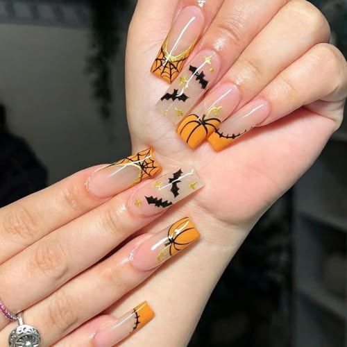 Halloween Long Square Press On Nails with Pumpkin Bat Spider Web Design - Variation Color49