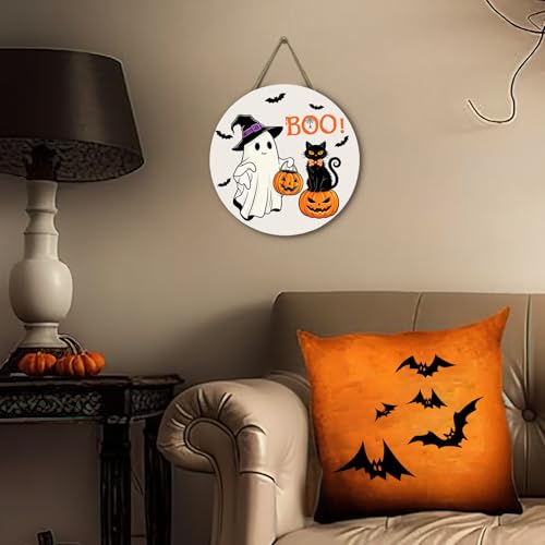 Halloween Boo Door Hanger Ghost and Black Cat Sign - 12x12 Inch Outdoor Wreath with Jack-o'-Lanterns and Bats - Black Cat Ghost Variation