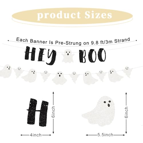 Black Halloween Banner Set - Glitter Ghost & 'Hey Boo' Garland for Spooky Decorations