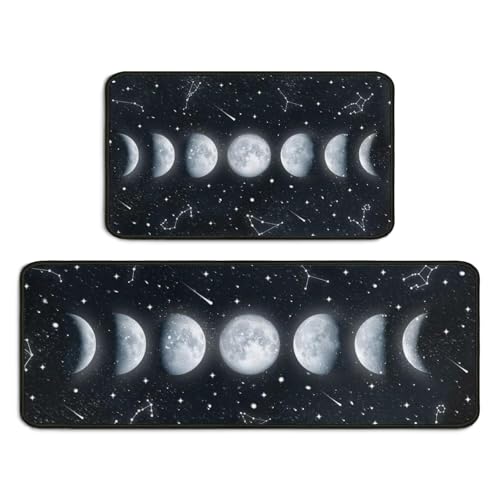 Moon Phase Kitchen Rugs Set 2 Pieces Black Non-Skid Mat & Runner - Variation Moon-2