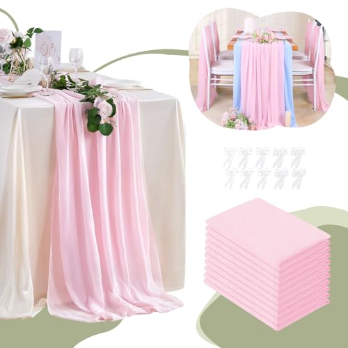 Pink Chiffon Table Runner Overlay 10 Pieces 27x120 Inches Rustic Wedding Decor - Pink