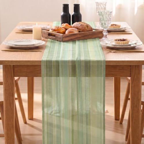 Green Stripe Chiffon Table Runner 28x120 Inch Spring Kitchen Dining Decor