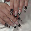 Black Press on Nails Long Coffin Fake Nails with 3D Bow Rhinestones - Style-3