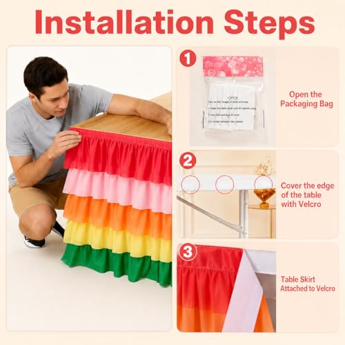Pastel Rainbow Tulle Table Skirt 5-Layer Chiffon Ruffle 6FT 9FT for Rectangle & Round Tables