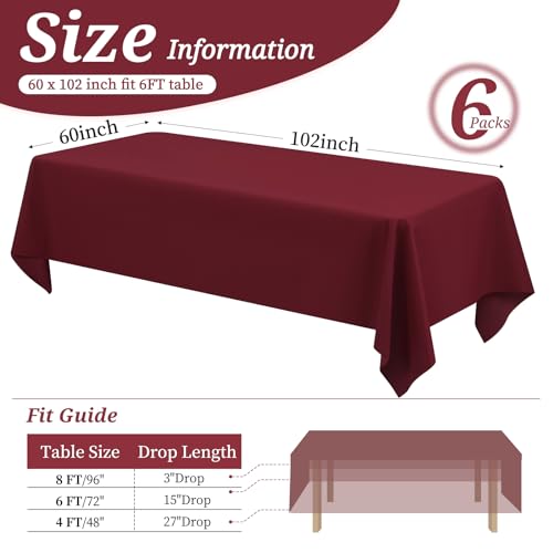 Burgundy Polyester Tablecloths for 6FT Rectangular Tables - 6 Pack, 60 x 102 Inches, Wrinkle-Resistant & Machine Washable
