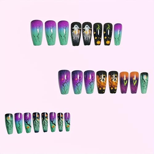 Halloween Press On Nails Medium Coffin Ghost Pumpkin Designs 24 Pcs with Glue & Tools - Variation 257-14 Designs-25