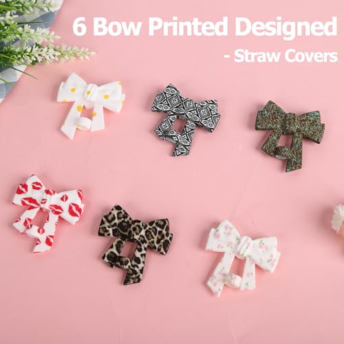 Colorful Printed Bow Straw Topper for Stanley Cups - 6 Colors, Silicone Drink Accessories