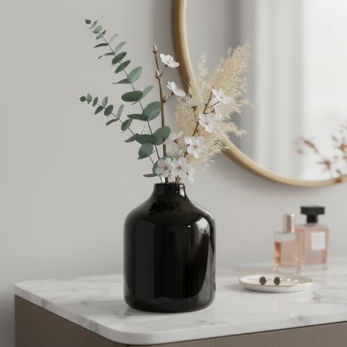 Black Ceramic Vase - 5 Inch Modern Home Decor Centerpiece
