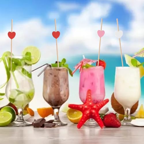 120 Pcs 5.9 Inch Heart-Shaped Bamboo Cocktail Toothpicks - Red, White, Pink, Mixed