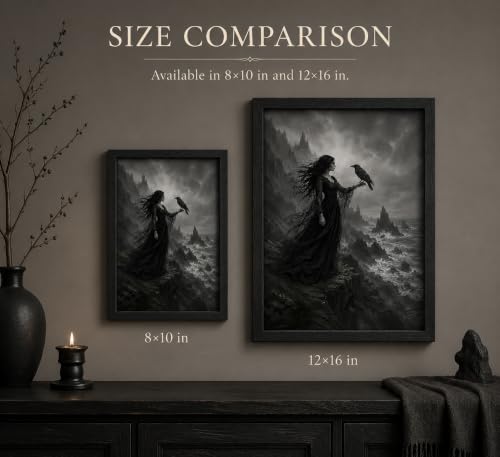 Moody Gothic Witch and Crow Wall Art - Framed Halloween Seaside Cliff Decor 10x8