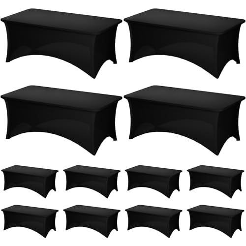 Black 6Ft Spandex Fitted Tablecloth Set - 12 Pack for Rectangle Tables - Washable & Wrinkle-Resistant