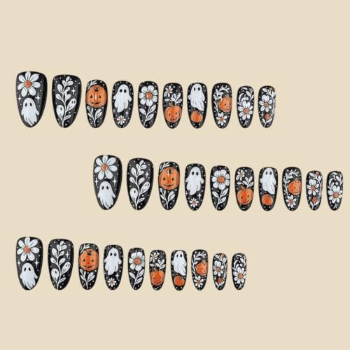 Halloween Press-On Nails Medium Almond with White Ghost Flower Leaves Design - 24Pcs