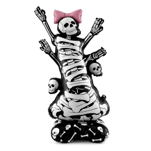 3.5FT Self-Standing Skeleton Balloon with Pink Bow Halloween Indoor Outdoor Decor - 1 PCS