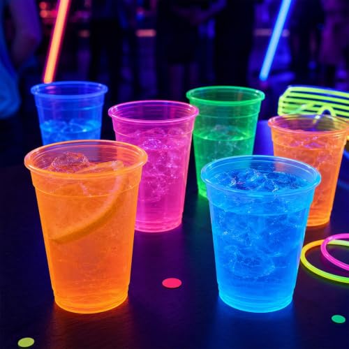 Glow-in-the-Dark Neon Plastic Cups 12 oz - 40 Pack for Parties
