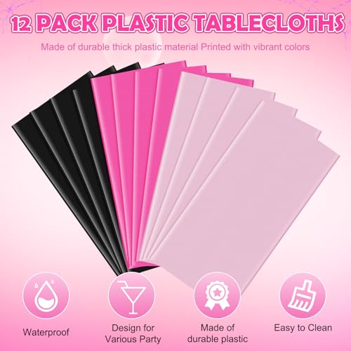 Pink and Black Halloween Plastic Tablecloths 54x108 Inches - 12 Pack, Variation of Black Light Pink Dark Pink
