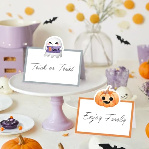 Halloween Buffet Food Labels - 48 Pack Folded Place Cards for Parties - Halloween Variation