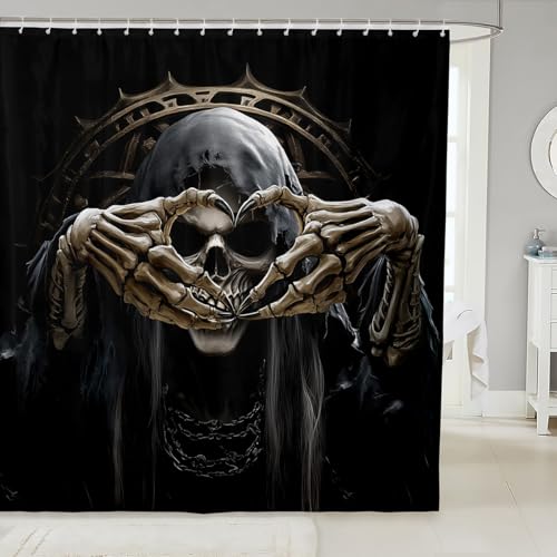 Retro Skeleton Shower Curtain Set Gothic Spooky Bone Bathroom Decor 72x72 with Hooks Black