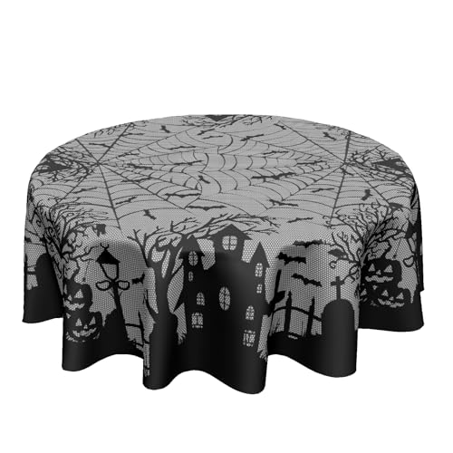 Kawani Halloween Round Tablecloth 60 Inch Spooky Pumpkins Bats Web Black Gray