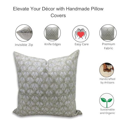 20x20 Inch Green Handmade Block Print Cotton Throw Pillow Cover - Fall Decor