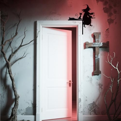 Black Halloween Door Corner Sign Witch on Broom and Cat Metal Decor - Home & Party