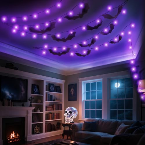 Halloween Bat Decorations with Purple LED Lights - Black, 49 FT Indoor Party Decor Set