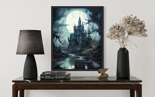 Framed Haunted Castle Halloween Wall Art - Spooky Vintage Poster, 20x16 Inches