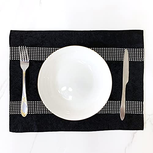 Black Velvet Placemats Set of 4 - Minimalist Diamond Stripe Elegant Dining & Decor
