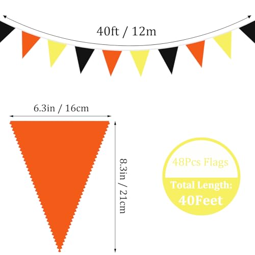 Fabric Bunting Banner 40Ft Triangle Flags for Construction & Party Decor - Black, Orange, Yellow