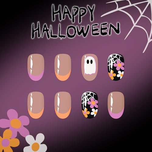 Halloween Short French Press-On Nails with Ghost Bat Pumpkin Flower Tips - Variation 13