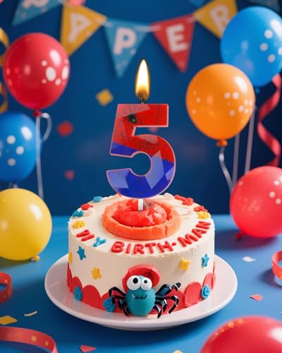 Number 5 Spider Themed Birthday Candle - Red & Blue Web Cake Toppers, 2.68 Inch, Variation: RedBlue / 5